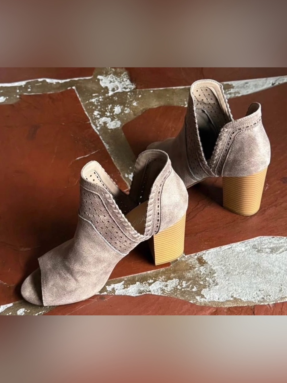 Fergie Taupe Suede Cutout Ankle Booties with Stacked Heel